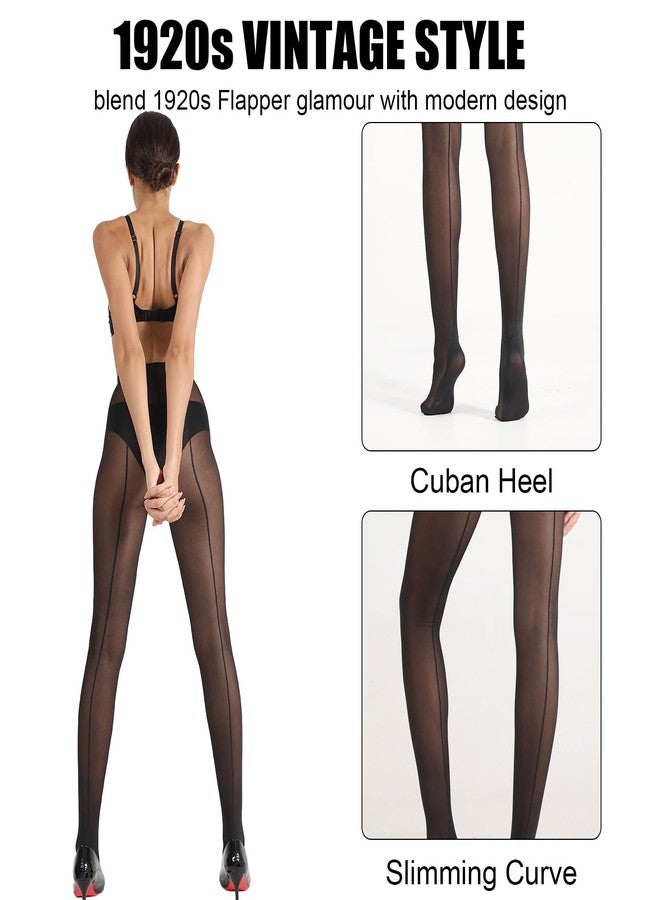 HONENNA Backseam Sheer Tights for Women T Crotch Cuban Heel Black Pantyhose 20D Control Top Stockings - Image 4